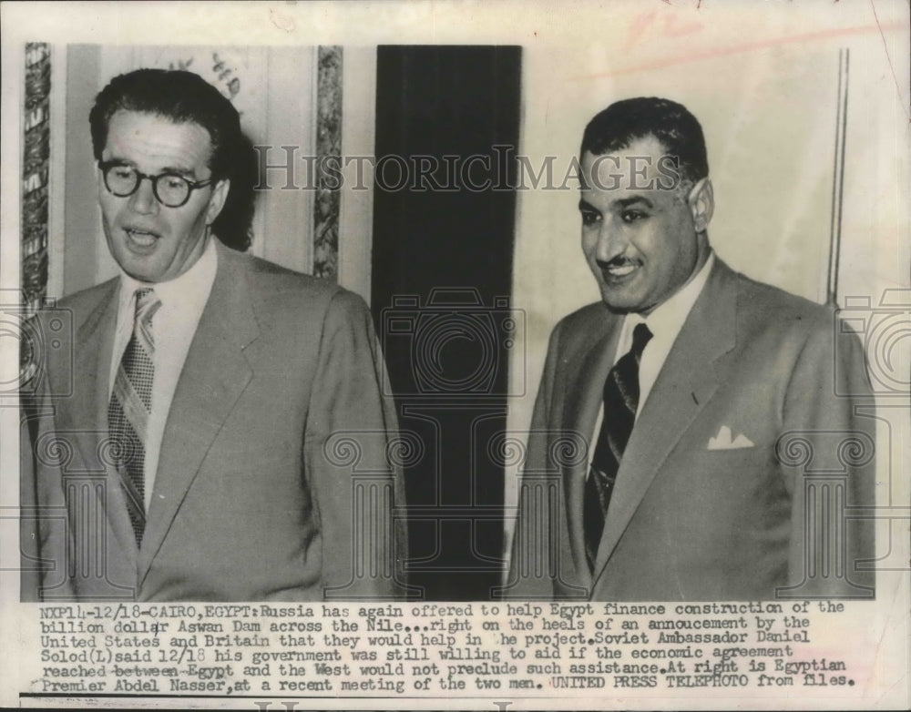 1956 Press Photo Soviet Ambassador Daniel Solod, Premier Abdal Nasser in Cairo- Historic Images