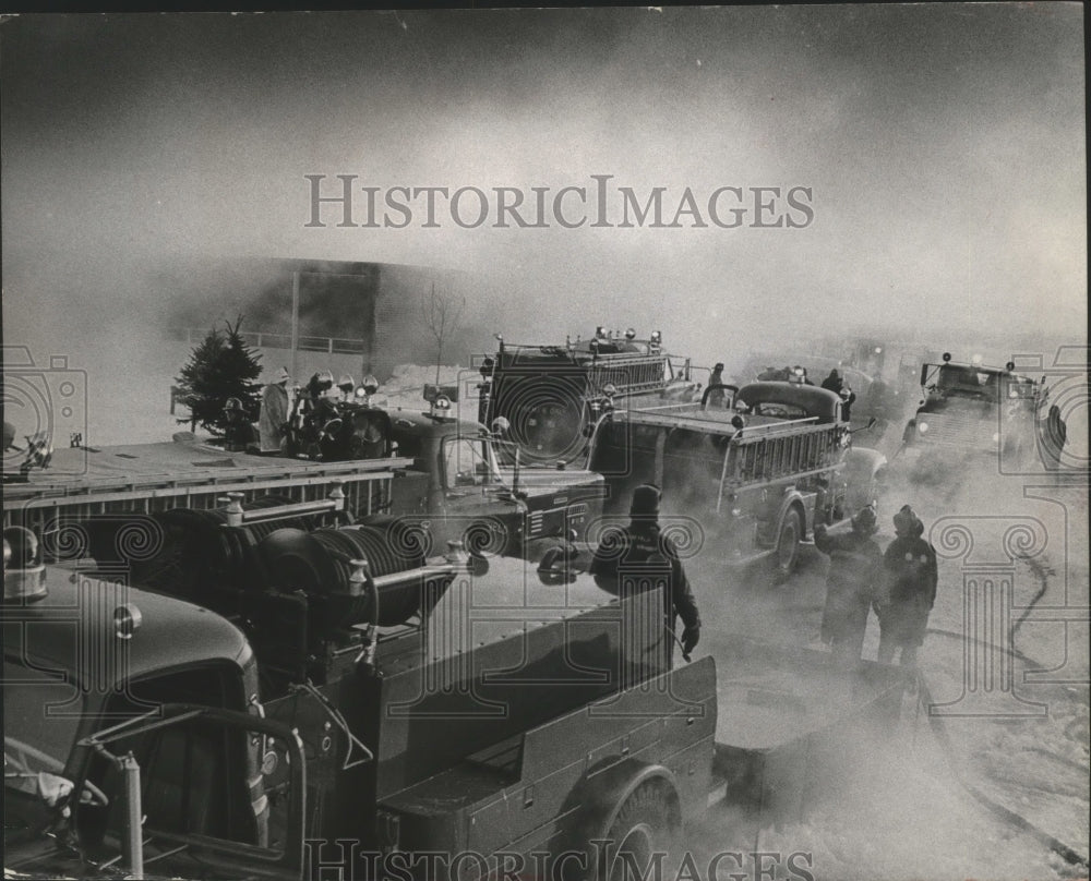 1967 Press Photo Milwaukee firemen and trucks at Charles B. Whitnall high school