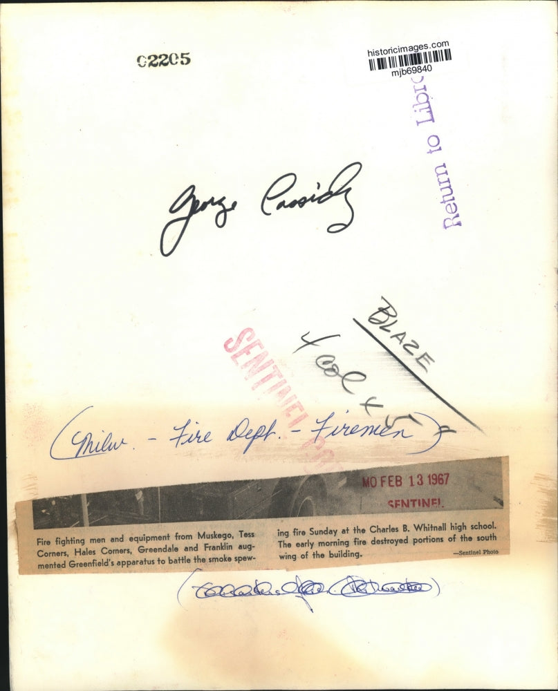 1967 Press Photo Milwaukee firemen and trucks at Charles B. Whitnall high school