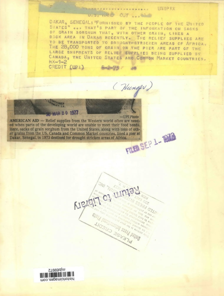 1973 Press Photo Relief supplies of grain sorghum for Dakar, Senegal from the US