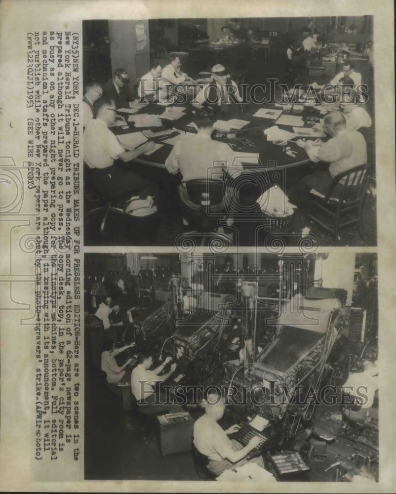 1953 Press Photo Herald Tribune working on pressless edition of paper, New York.