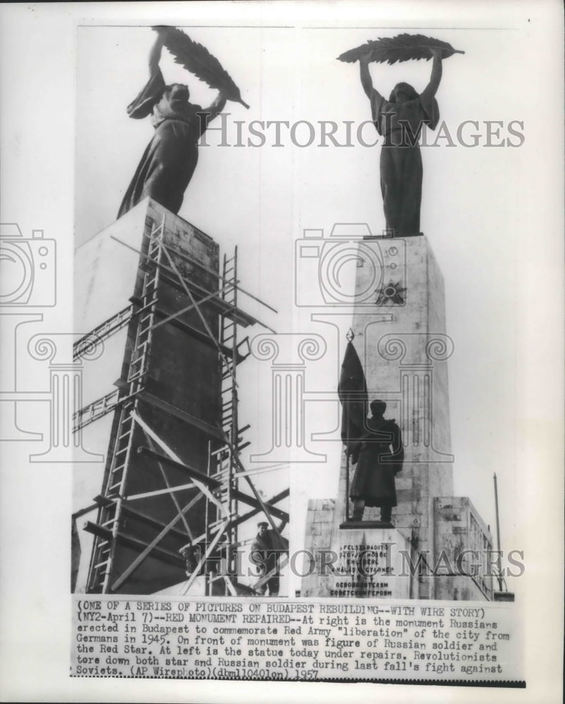 1957 Press Photo Repair of the Red Monument in Budapest, Hungary- Historic Images