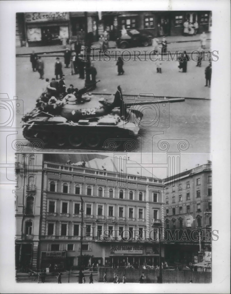 1957 Press Photo Freedom fighters in Budapest, Hungary atop captured tank- Historic Images