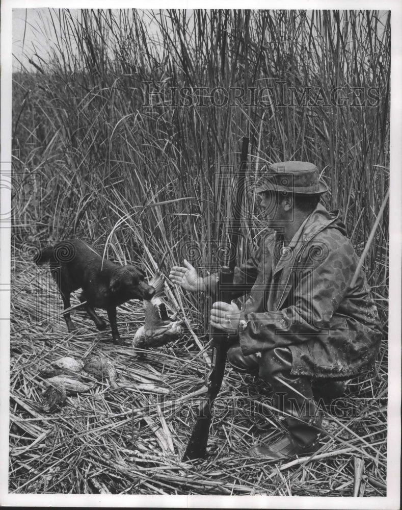 1967 Press Photo Garth E. Miller, Ormo, Wisconsin duck hunting with his dog- Historic Images