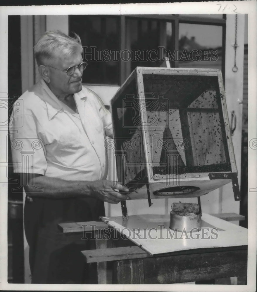 1952 Press Photo William Simunek, Cleveland displays his fly trap and flies