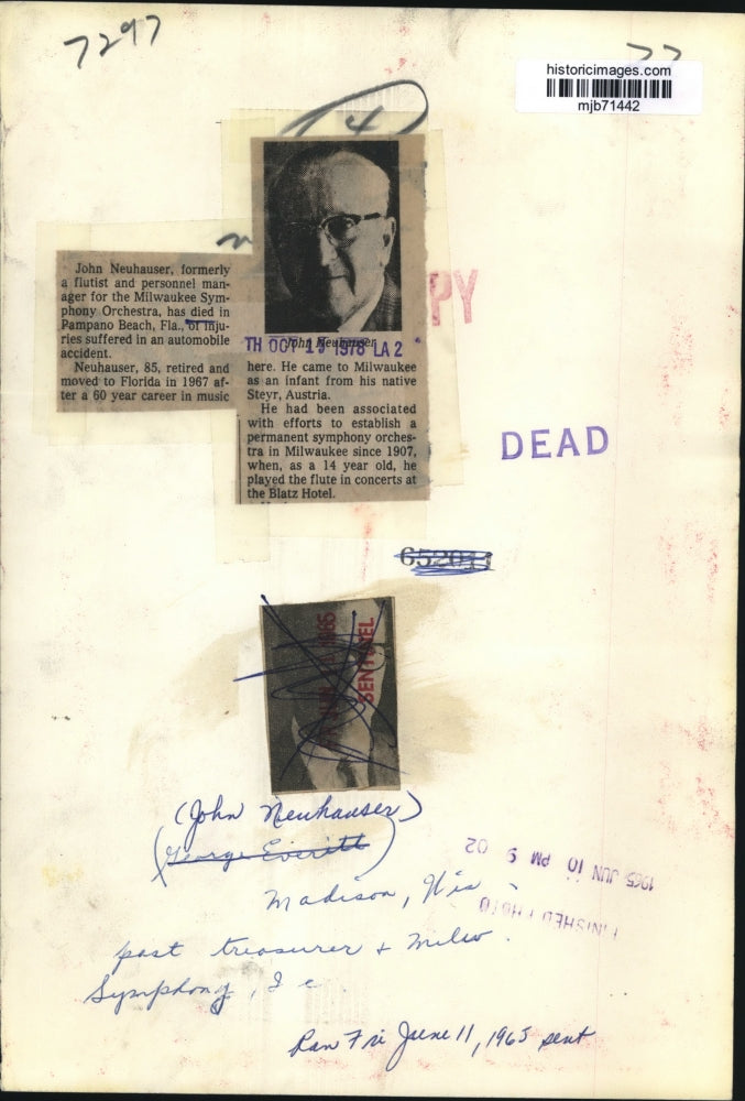 1965 Press Photo John Neuhauser, former flutist and manager, Milwaukee.