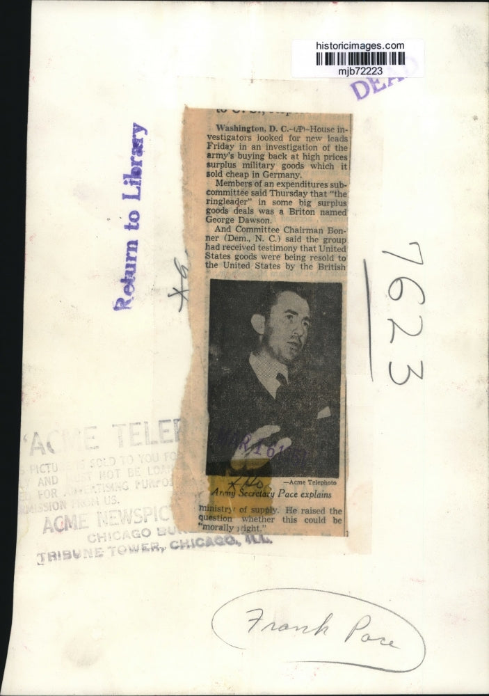 1961 Press Photo Army Secretary Frank Pace in Washington, D.C. - mjb72223