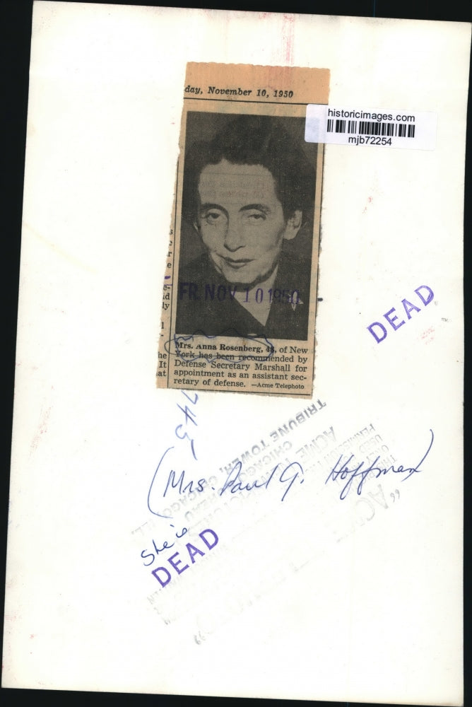 1950 Press Photo Mrs. Anna Rosenberg, recommended for Asst. Secretary of Defense