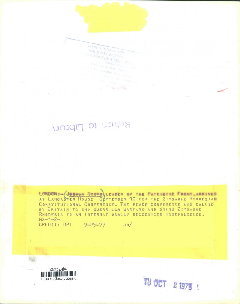 1979 Press Photo Joshua Nkomo, leader of the Patriotic Front at Lancaster House