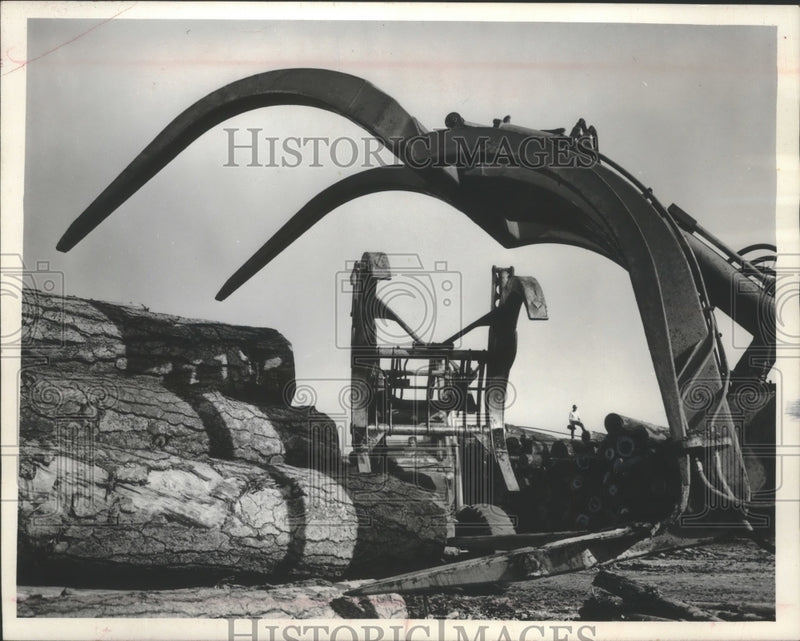Load image into Gallery viewer, 1965 Press Photo Giant claw at Shasta California wood yard headed to paper mill
