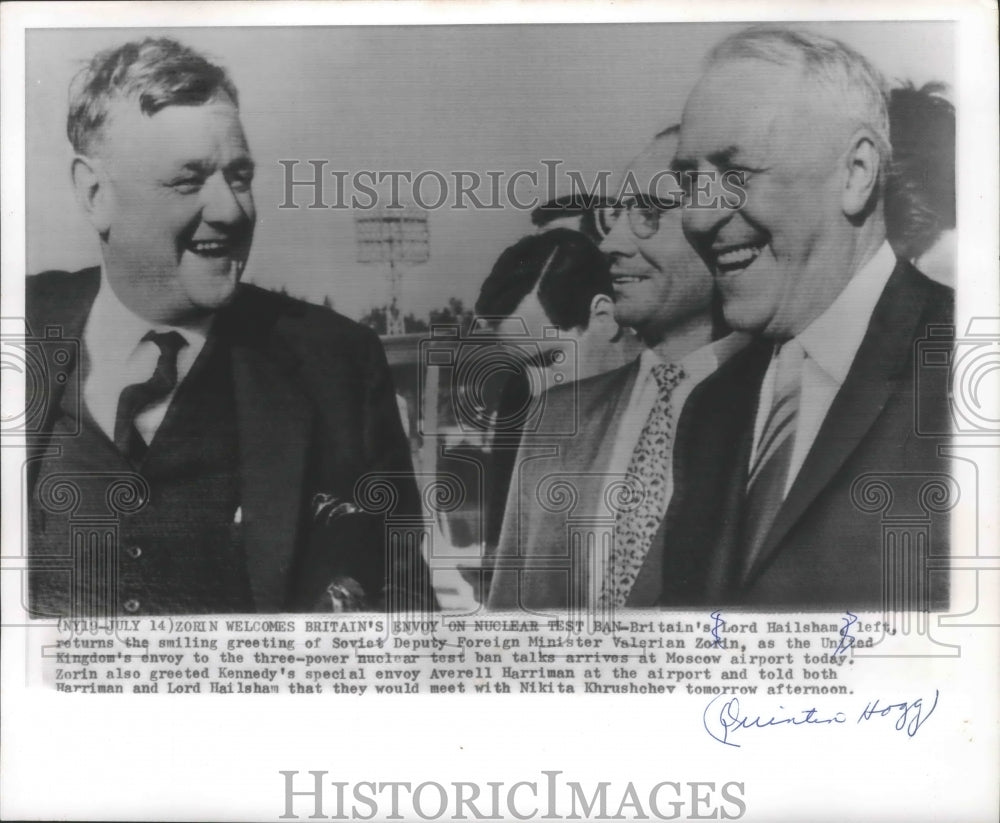 1963 Press Photo Lord Hailsham greets Valerian Zorin at Moscow airport
