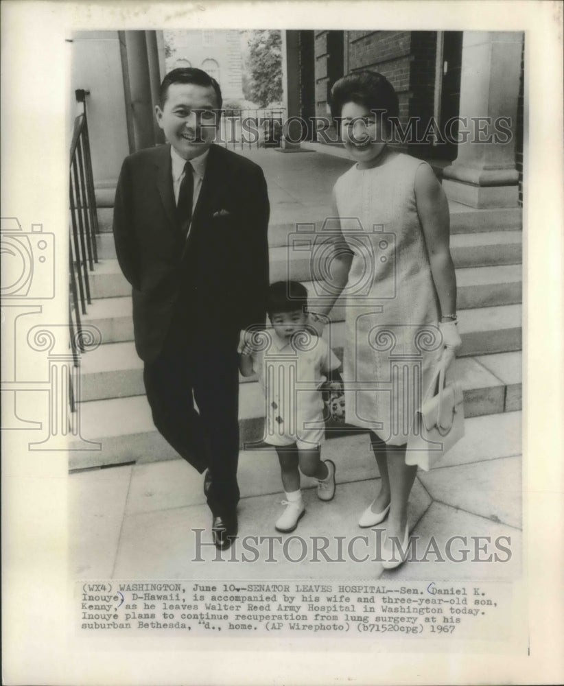 1967 Press Photo Senator Daniel Inouye and family leaving hospital, Washington.- Historic Images