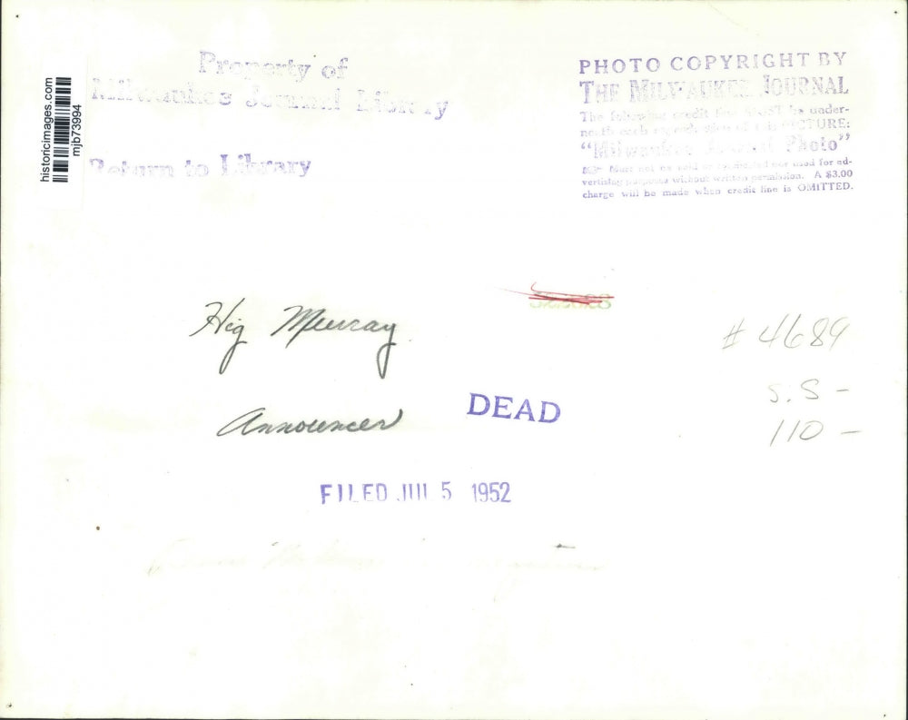 1952 Press Photo Hig Murray, Announcer - mjb73994