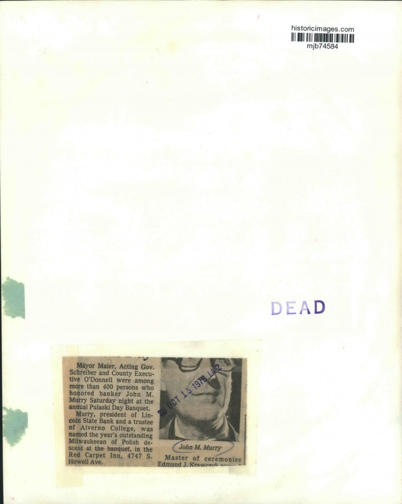 1978 Press Photo John Murry, outstanding Milwaukeean of Polish descent & award