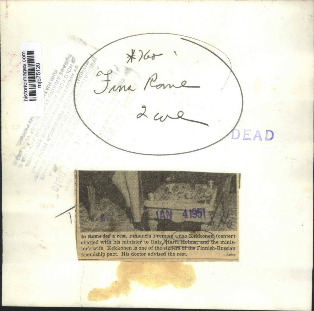 1951 Press Photo Urho Kekkonen with Harri Holma, and Holma's wife in Rome, Italy