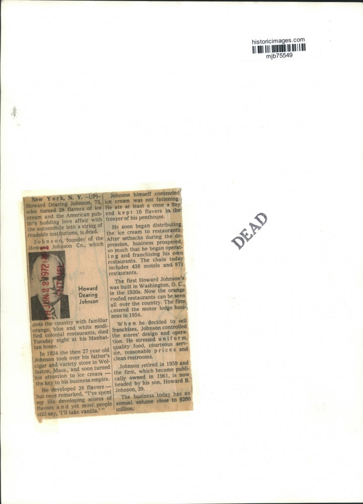 1972 Press Photo Howard D. Johnson, founder of the restaurant chain - mjb75549