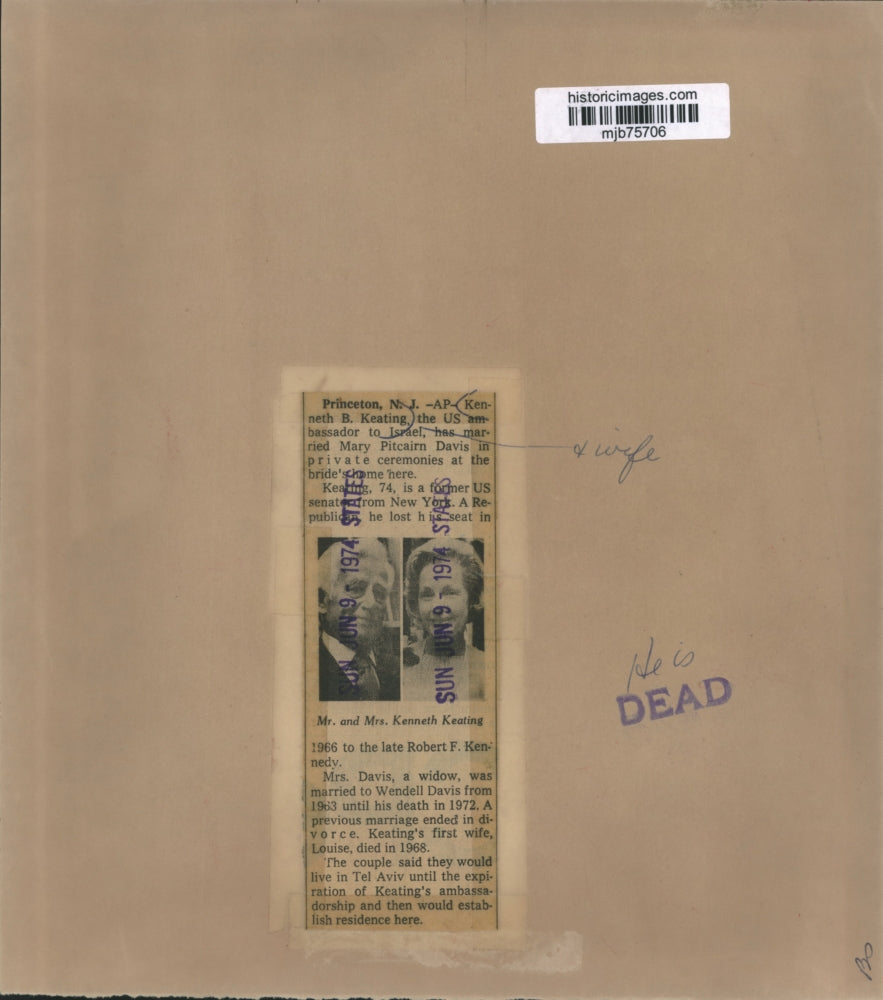 1974 Press Photo Kenneth B. Keating married Mary Pitcairn Davis, Princeton