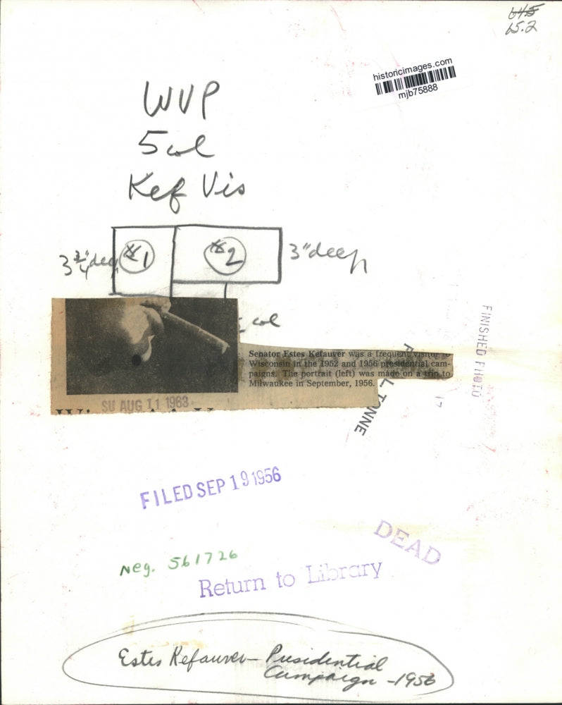 1956 Press Photo Senator Estes Kefauver, portrait made on train to Milwaukee.