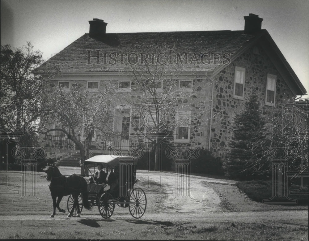 1982 Press Photo horse &amp; buggy outside the John Lamm home in Jackson, Wisconsin- Historic Images