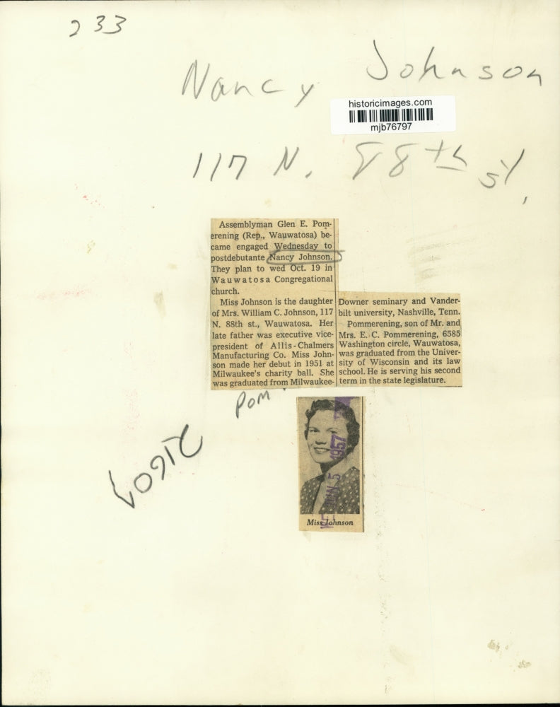 1957 Press Photo Nancy Johnson will wed Assemblyman Pommerening in Wauwatosa