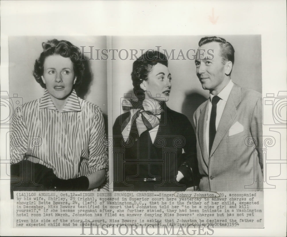 1954 Press Photo Johnny Johnston & wife Shirley with showgirl Bette Bowers, L.A.