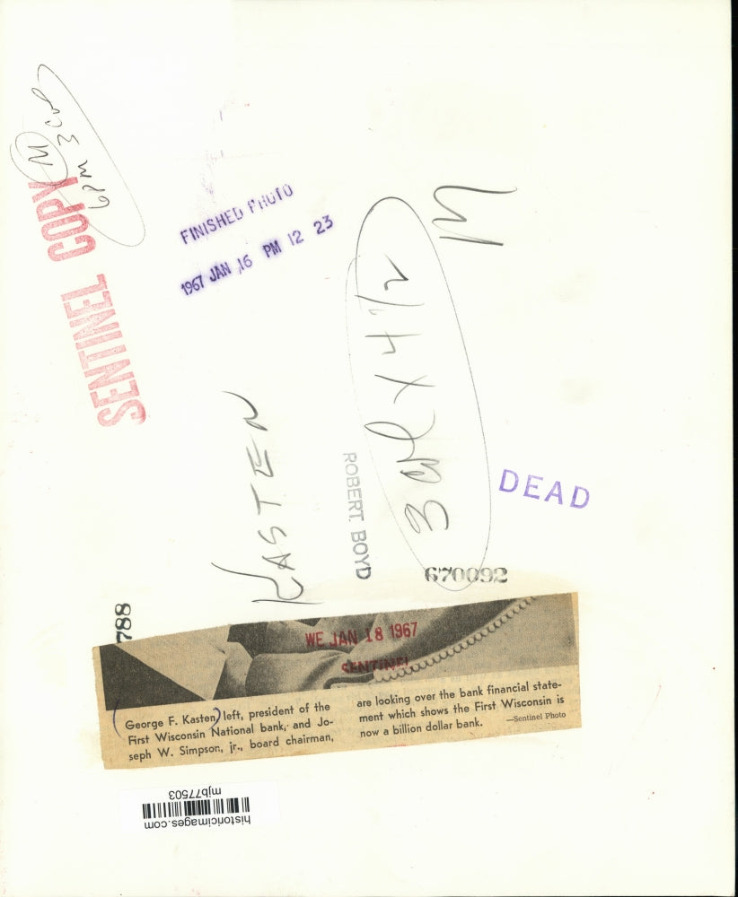 1967 Press Photo George Kasten & Joe Simpson of First Wisconsin National Bank