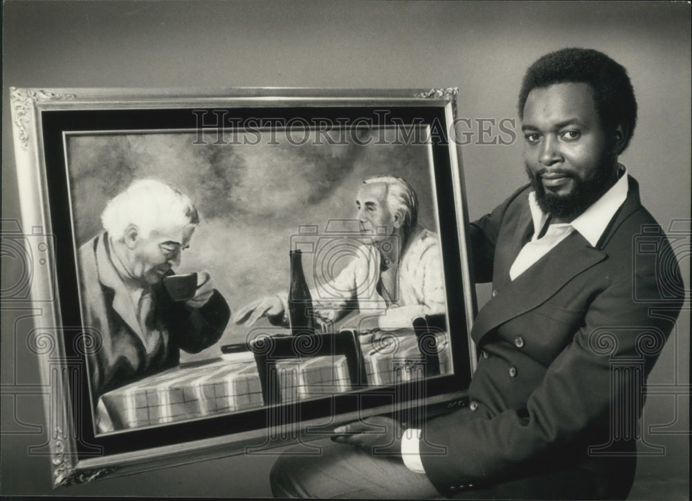 1980 Press Photo Zenith Jenkins display oil painting &quot;European Dinner&quot;- Historic Images