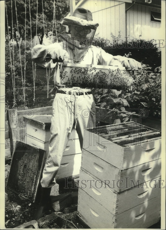 1980 Press Photo Beekeeper Joe Wing, with his hives, Port Washington, New York- Historic Images