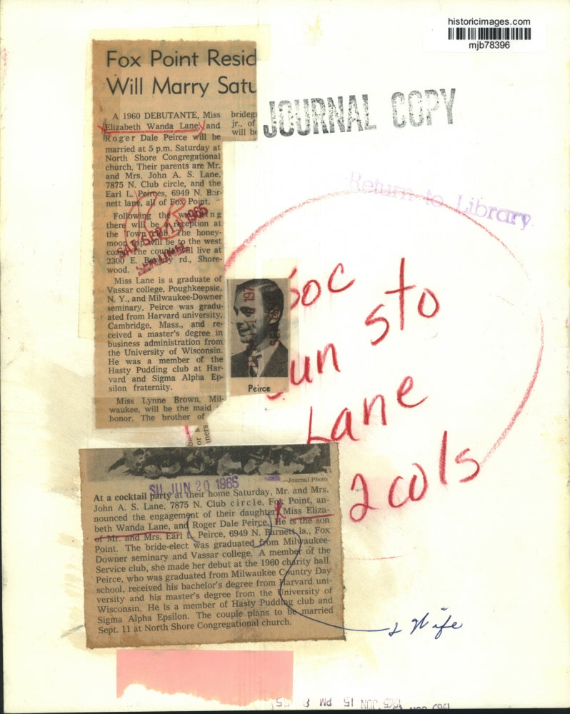 1965 Press Photo Elizabeth Lane & Roger Peirce engaged to marry in Wisconsin