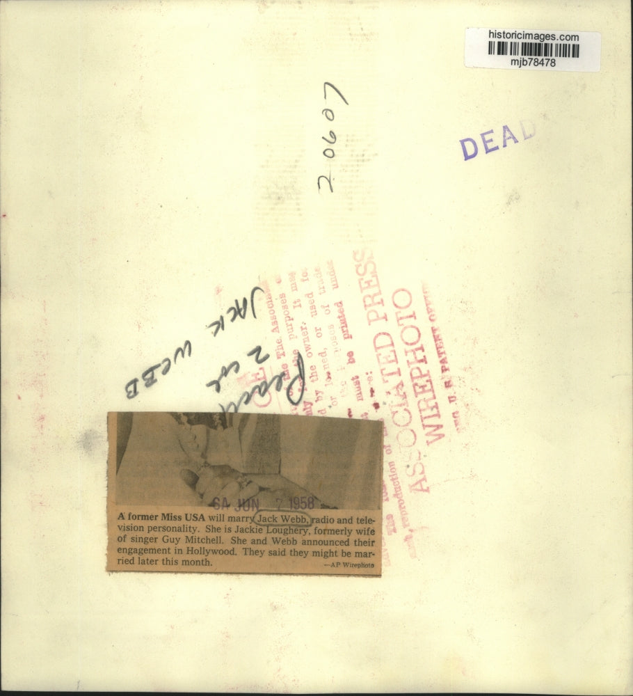 1958 Press Photo Jack Webb, Jackie Loughery announce engagement in Hollywood