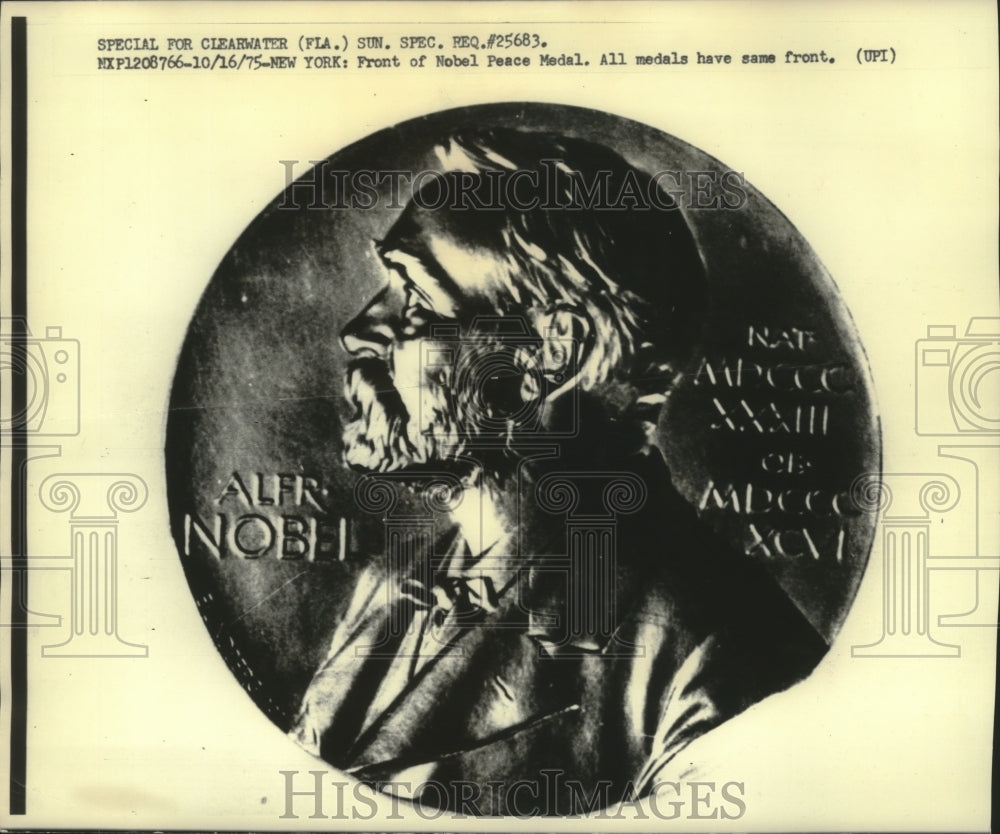 1975 Press Photo Alfred Nobel on the Front of Nobel Peace Prize Medal.- Historic Images