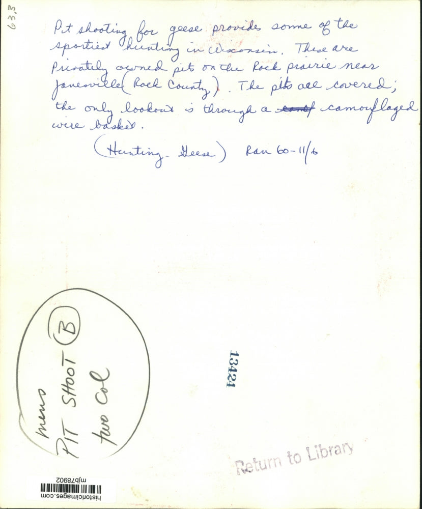 1960 Press Photo Private Pits for hunting geese in Rock County, Wisconsin