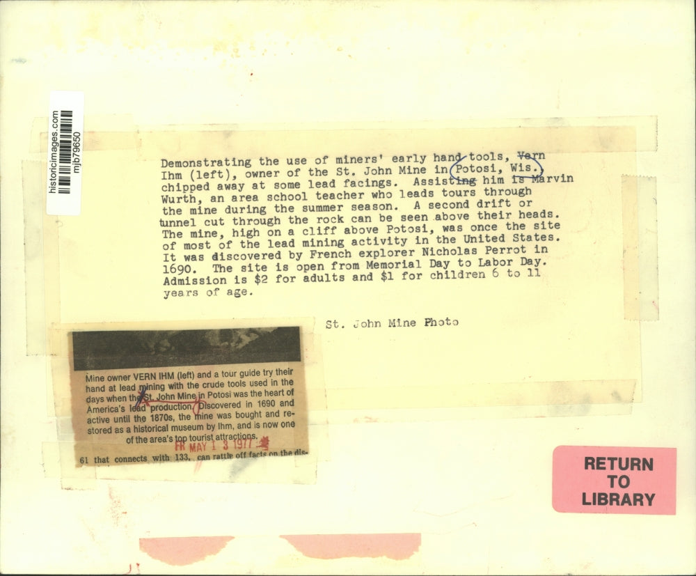 1977 Press Photo Demonstration of mining tools, St. John Mine, Potosi, Wisconsin