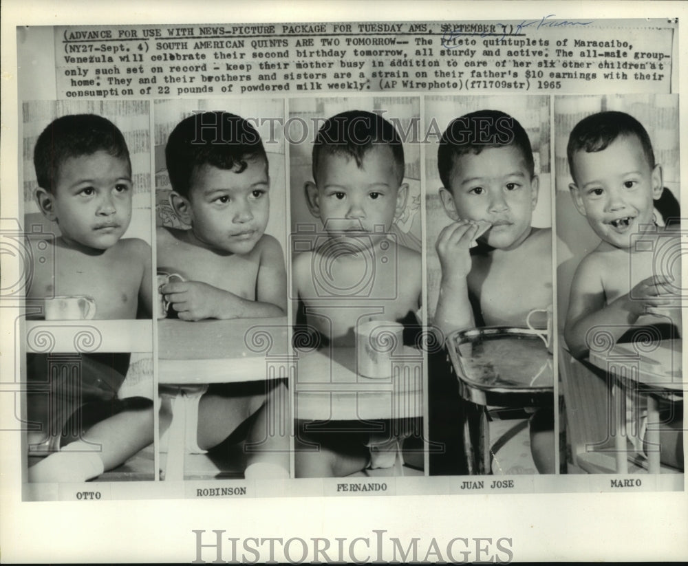 1965 Press Photo Prieto quintuplets of Venezuela are two years old - mjb79670