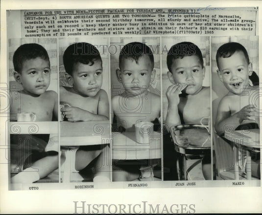 1965 Press Photo Prieto quintuplets of Venezuela are two years old - mjb79670