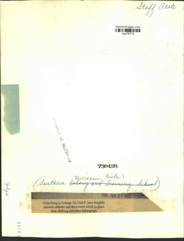 1973 Press Photo Young girl stowing items in closet at Southern Wisconsin Center