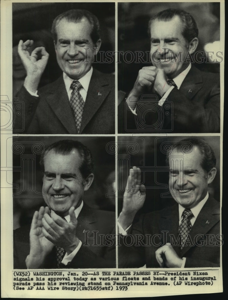 1973 Press Photo President Nixon signals his approval at his inaugural parade- Historic Images