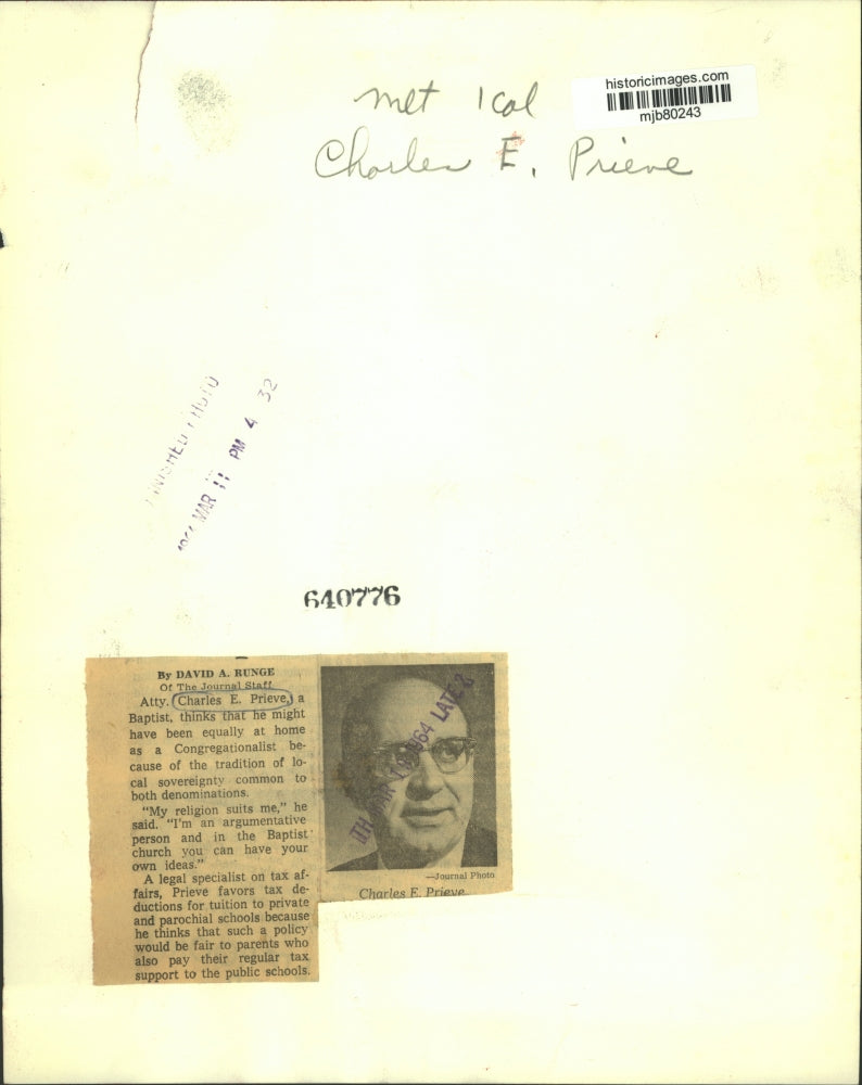 1964 Press Photo Attorney Charles E. Prieve, a Baptist - mjb80243