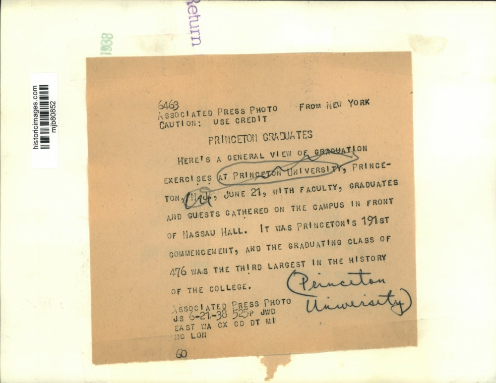 1938 Press Photo graduation ceremony at Nassau Hall, Princeton University, N.J.