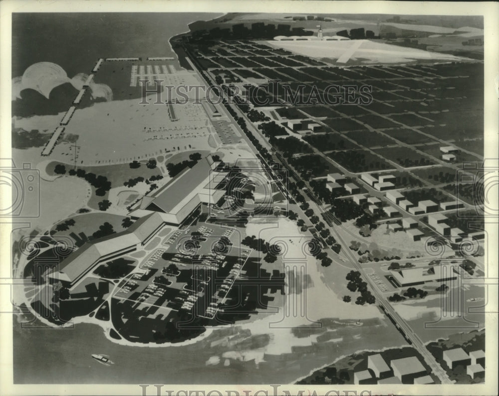 1964 Press Photo Illustration of Luxury Hotel-Marina On Island near Oshkosh- Historic Images