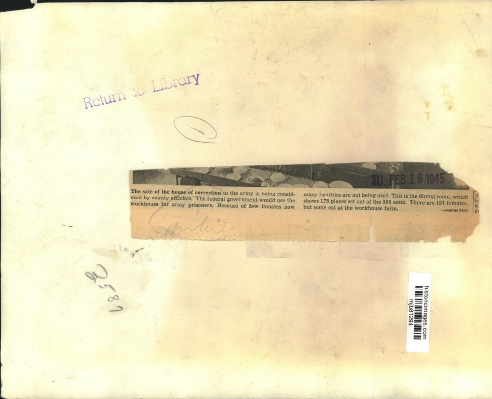 1945 Press Photo House of Correction dining room - mjb81294