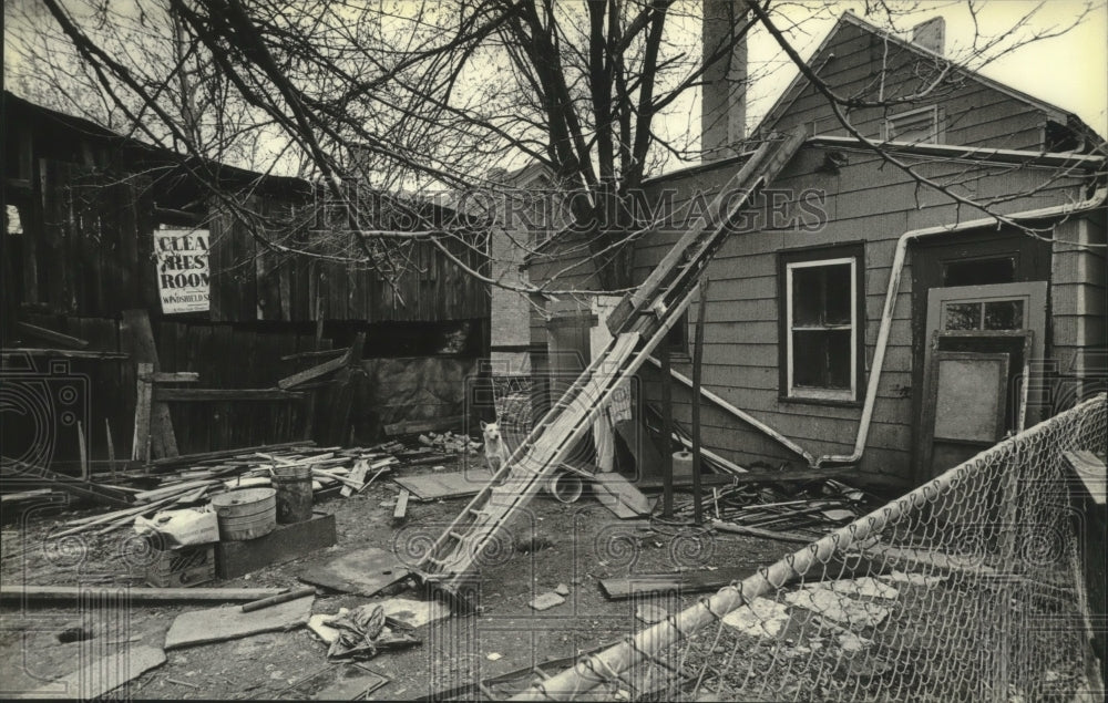 1980 Press Photo Dog in yard of 1839 North 5th Street, a Milwaukee Housing home.- Historic Images