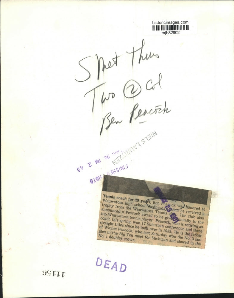 1961 Press Photo Ben Peacock, tennis coach at Wauwatosa High for 29 years.