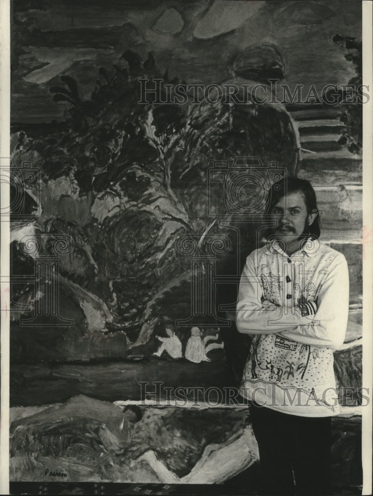 1970 Press Photo Dennis Pearson stands next to his 1963 oil landscape &quot;Summer&quot; - Historic Images