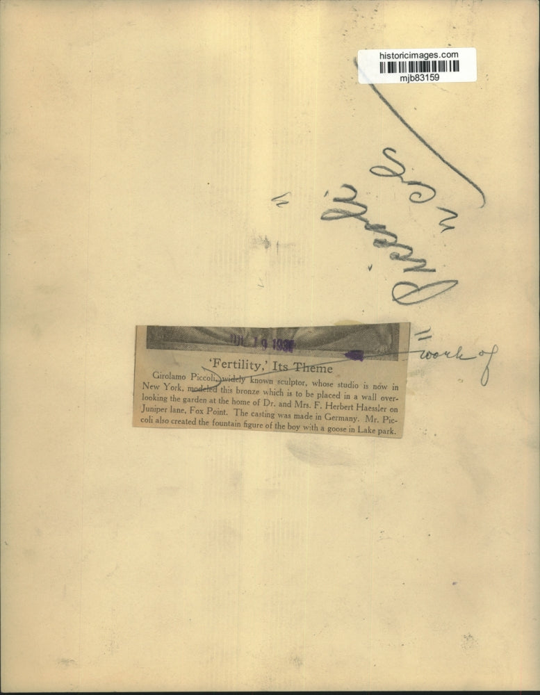 1934 Press Photo Girolamo Piccoli's sculpture 'Fertility', Fox Point - mjb83159