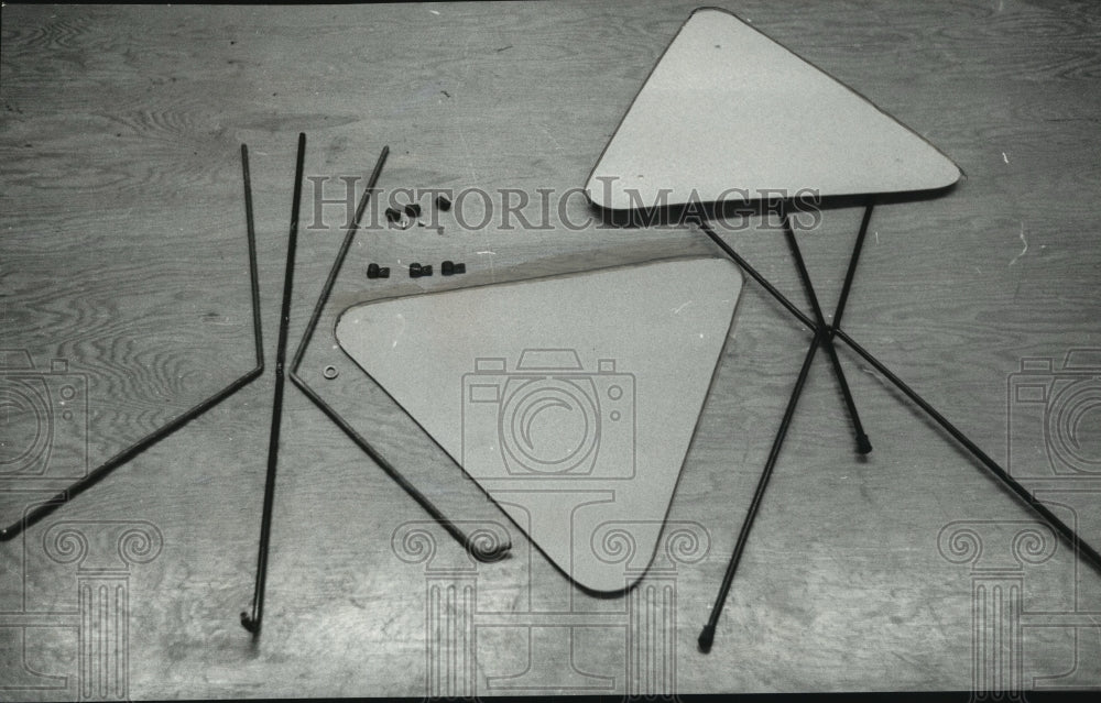 1956 Press Photo Components of small folding tables, one complete and one apart.- Historic Images