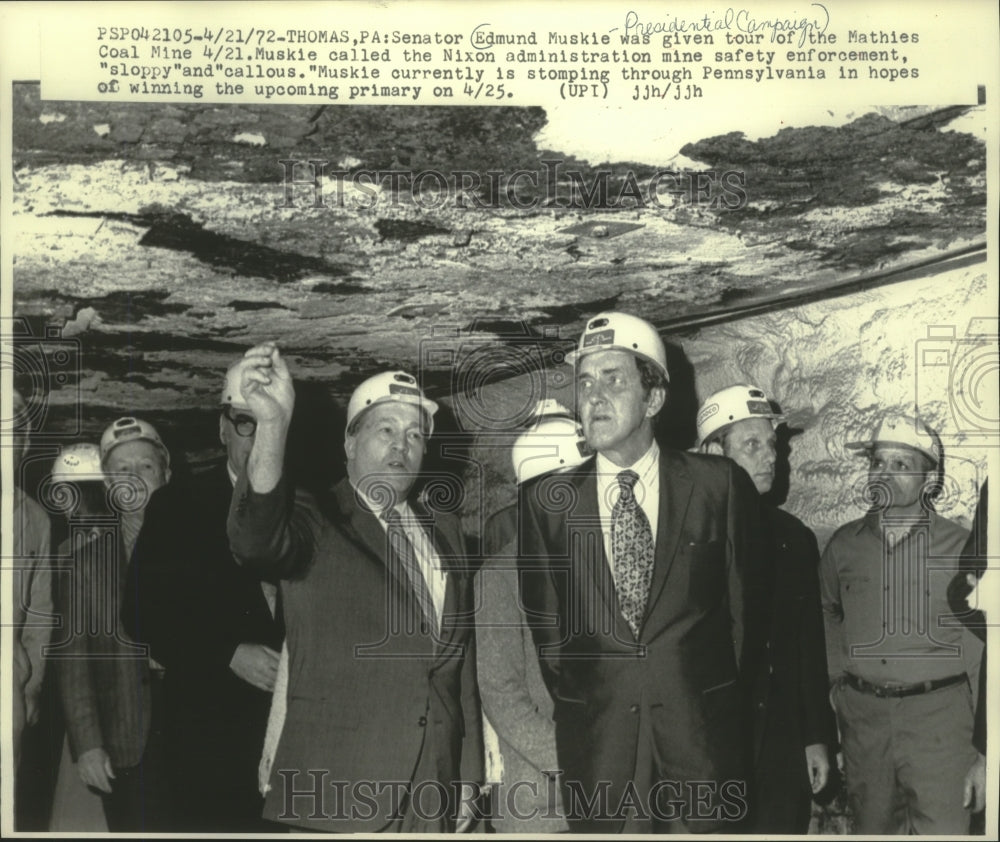1972 Press Photo Senator Edmund Muskie on tour of Pennsylvania coal mine