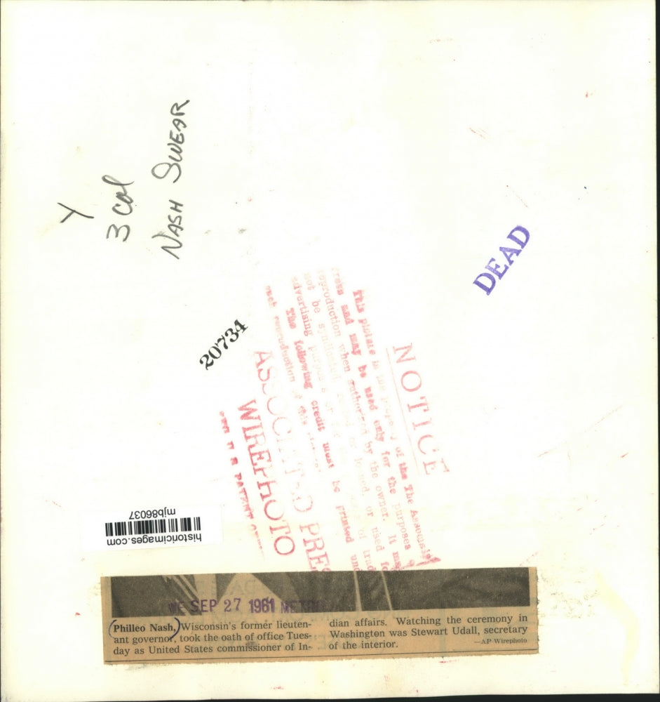 1961 Press Photo Philleo Nash, WI, oathed as US commissioner Indian Affairs