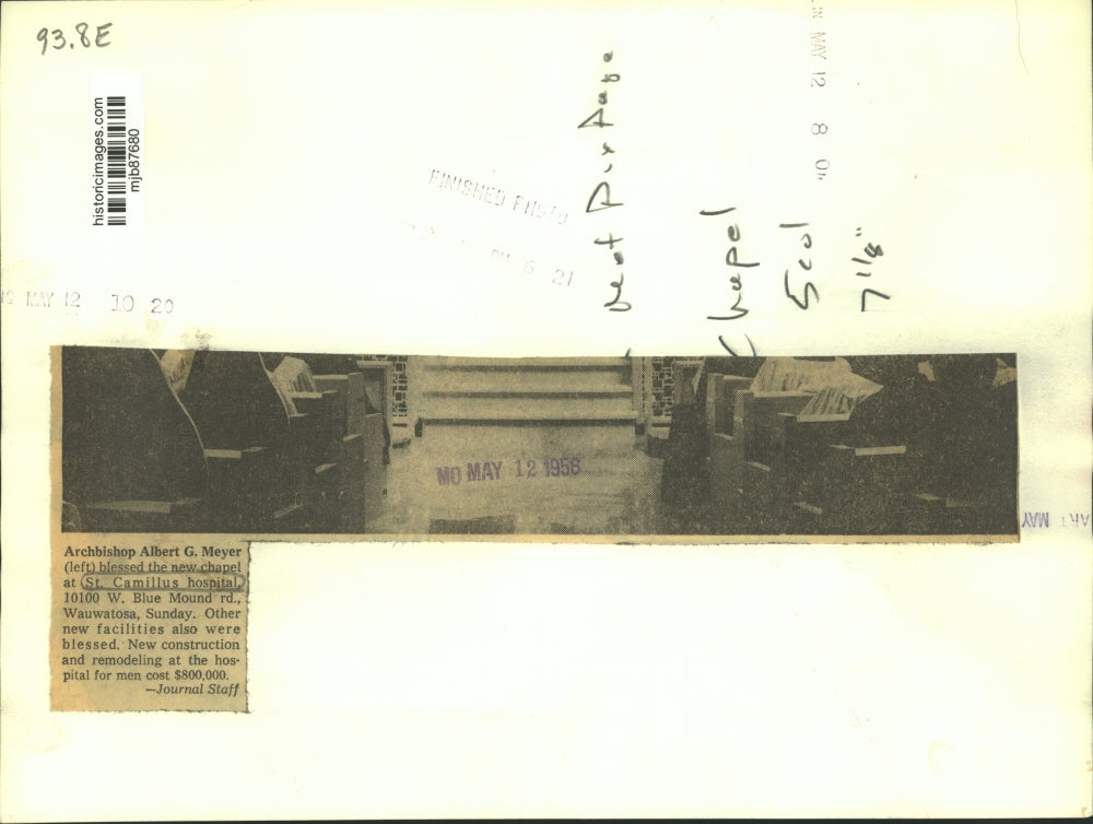 1958 Press Photo Archbishop Meyer blessed St. Camillus Hospital chapel Wauwatosa