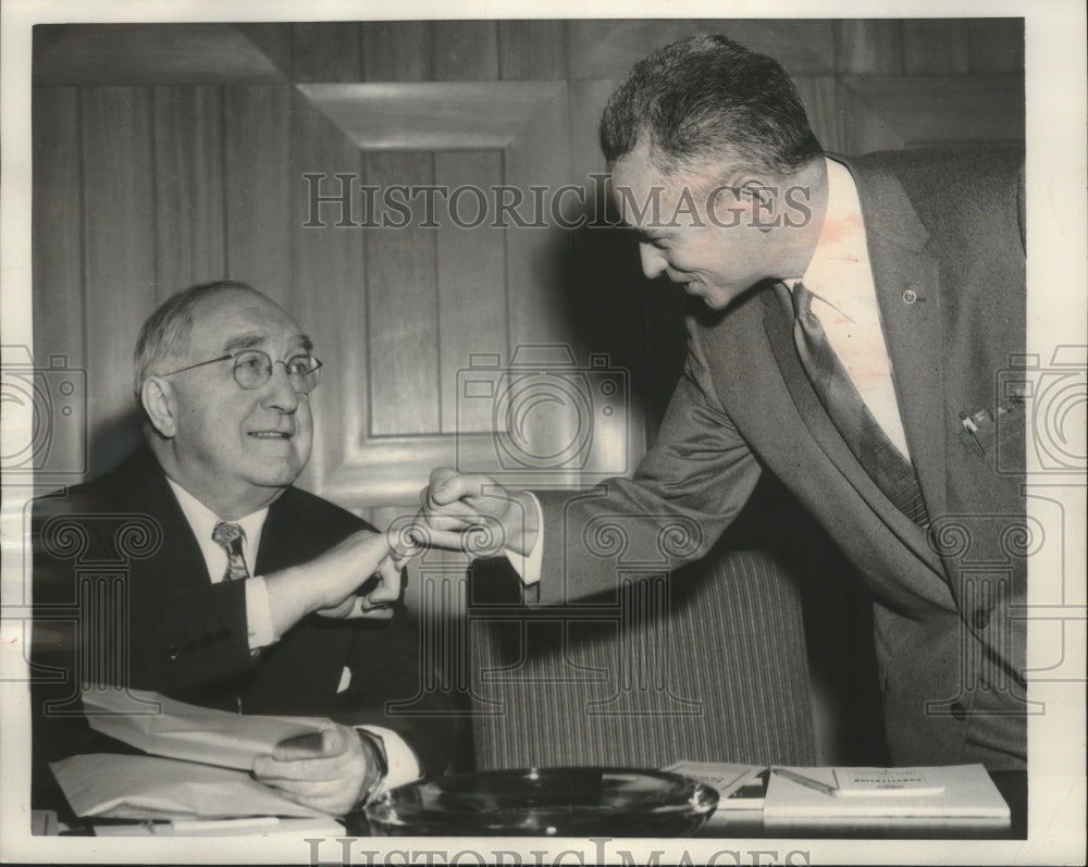 1957 Press Photo Two union leaders in Washington D.C. and have unique hand shake- Historic Images